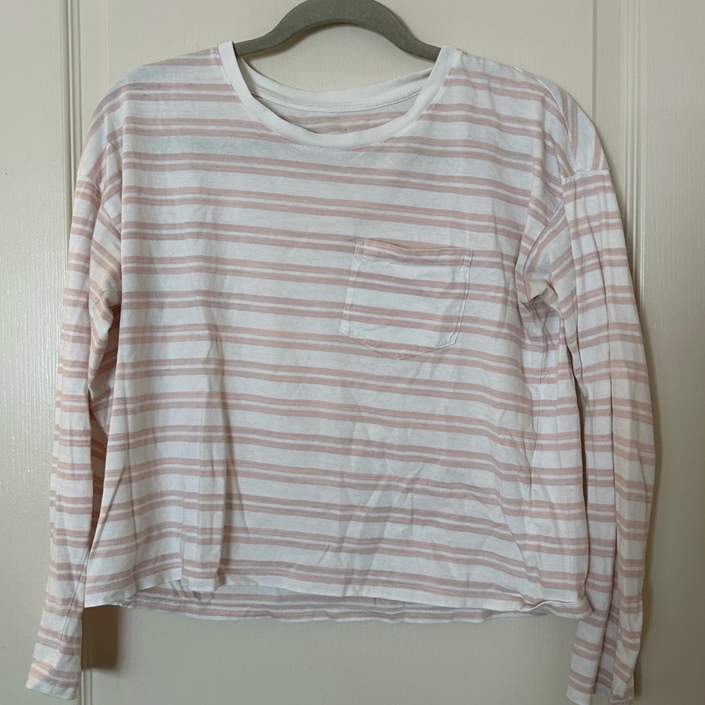 Everlane white with pale heathered pink stripes cropped long sleeve